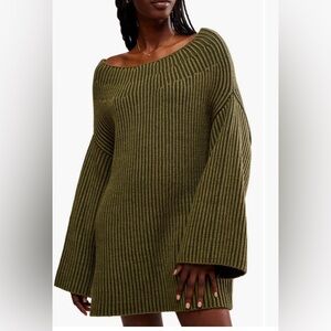 Free People Boat Neck Olive Green Long Sleeve Knit Tunic Sweater